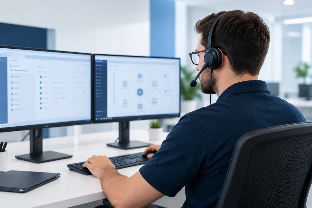 Técnico de suporte com headset atendendo em frente a dois monitores